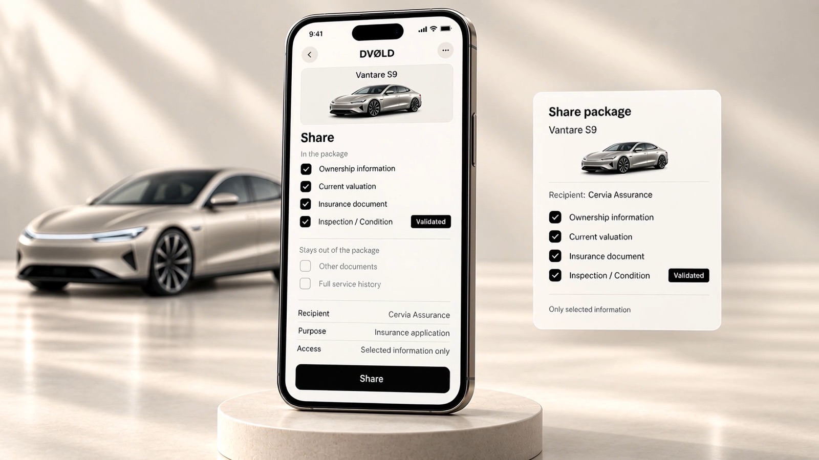 Still uit de Consumer-film: de eigenaar stelt in de DVOLD-app een deelpakket samen voor Cervia Assurance, met alleen geselecteerde informatie.