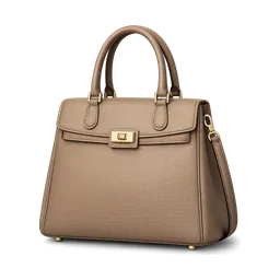 Sac Courier: taupekleurige leren handtas met handgreep, klepsluiting en schouderband.