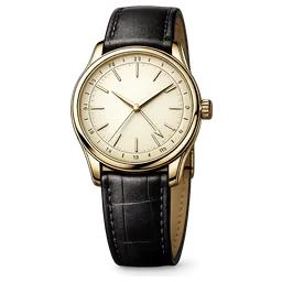 Aiguille 39: horloge met gouden ronde kast, crèmekleurige wijzerplaat en zwarte leren band.