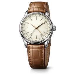 Classique GMT: horloge met stalen kast, crèmekleurige wijzerplaat met 24-uursschaal en bruine leren band.